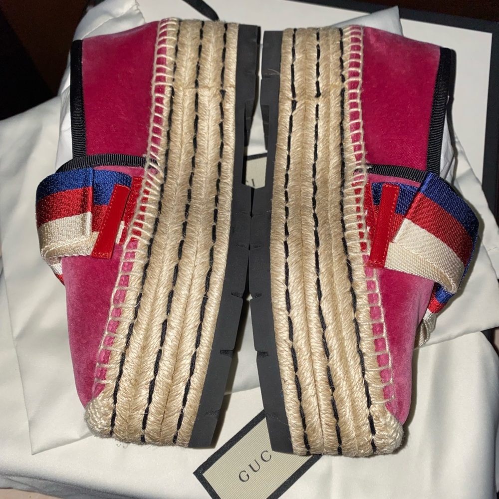 New 36.5,Gucci Shoes Gucci, Velvet Wedge Platform Espadrilles Bow - Picture 4 of 7